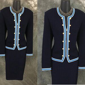 BEAUTIFUL St John collection knit blue multi jacket skirt suit size 6 8